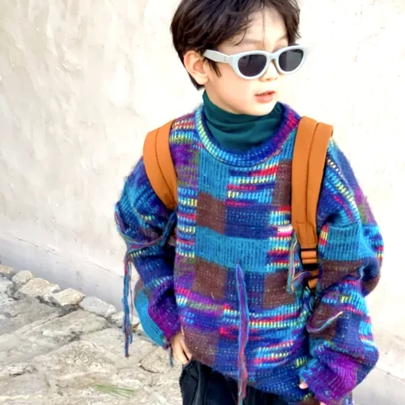 Unisex Multi Colored Rainbow Textured 3D Crew Neck Sweater w/ Tassels - Picture 5 of 8